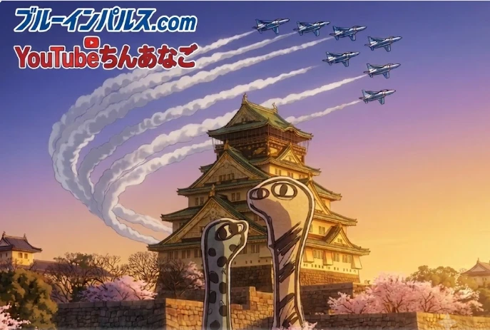 ステッカー候補の例（大阪城と夕焼けの編隊飛行）