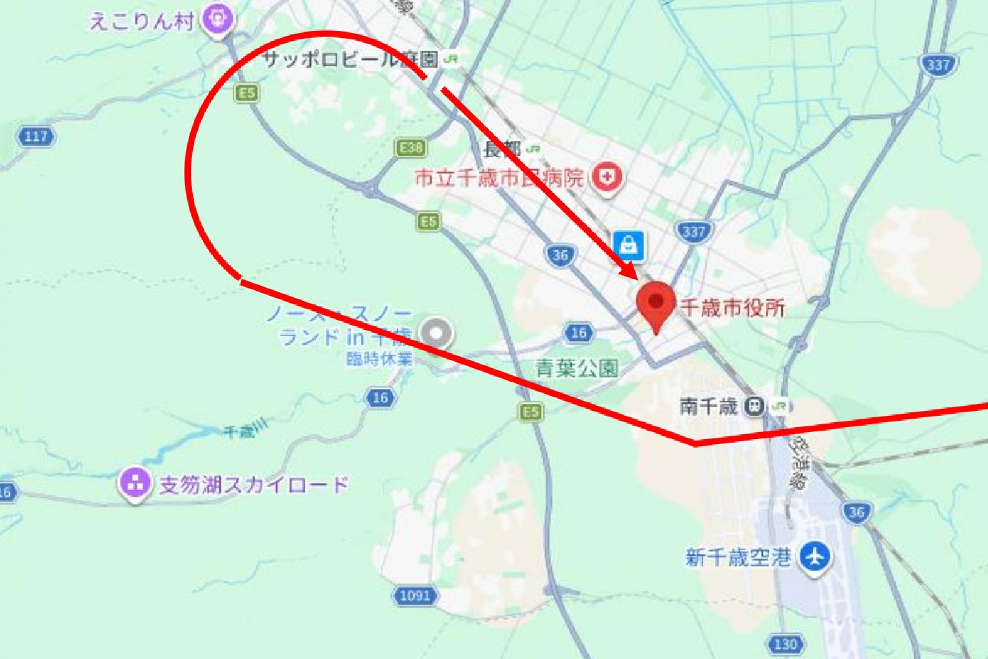 新千歳空港上空と千歳市上空の航過飛行時刻を確認する画像