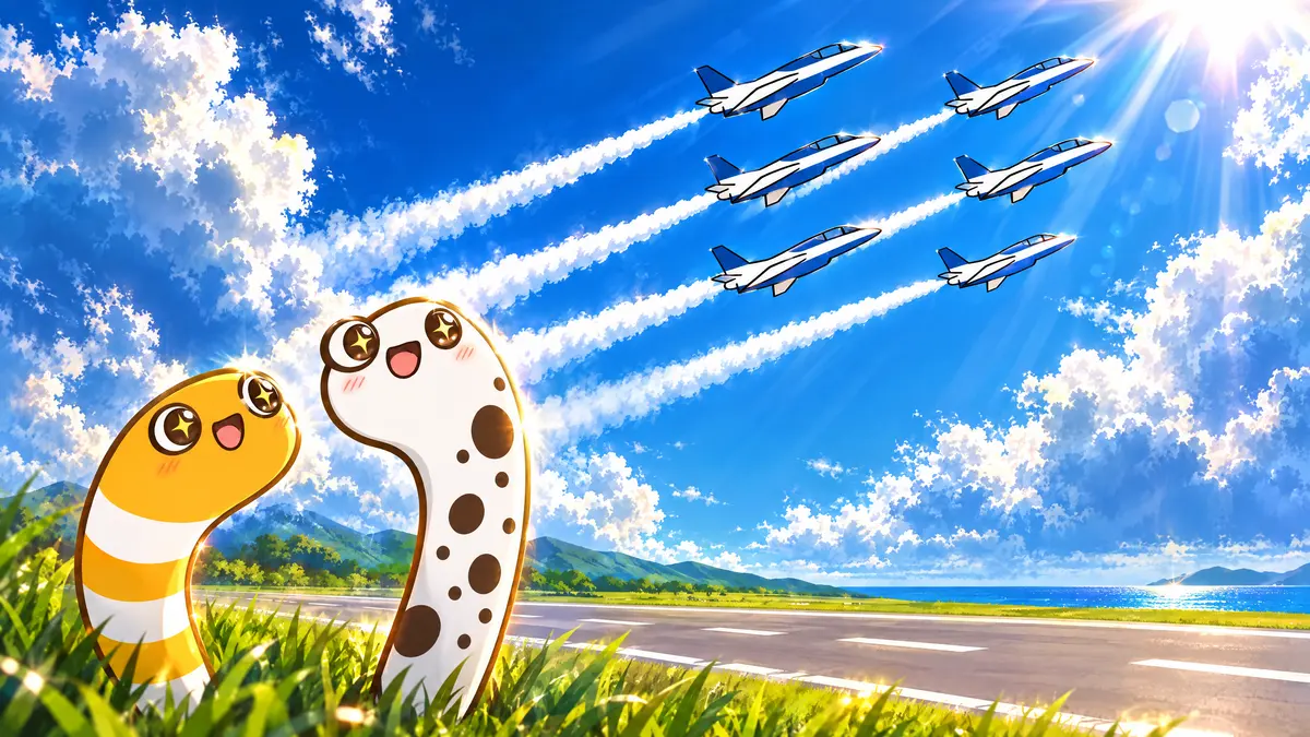 空いっぱいに広がる編隊を見上げるちんあなごの2匹（イメージ）