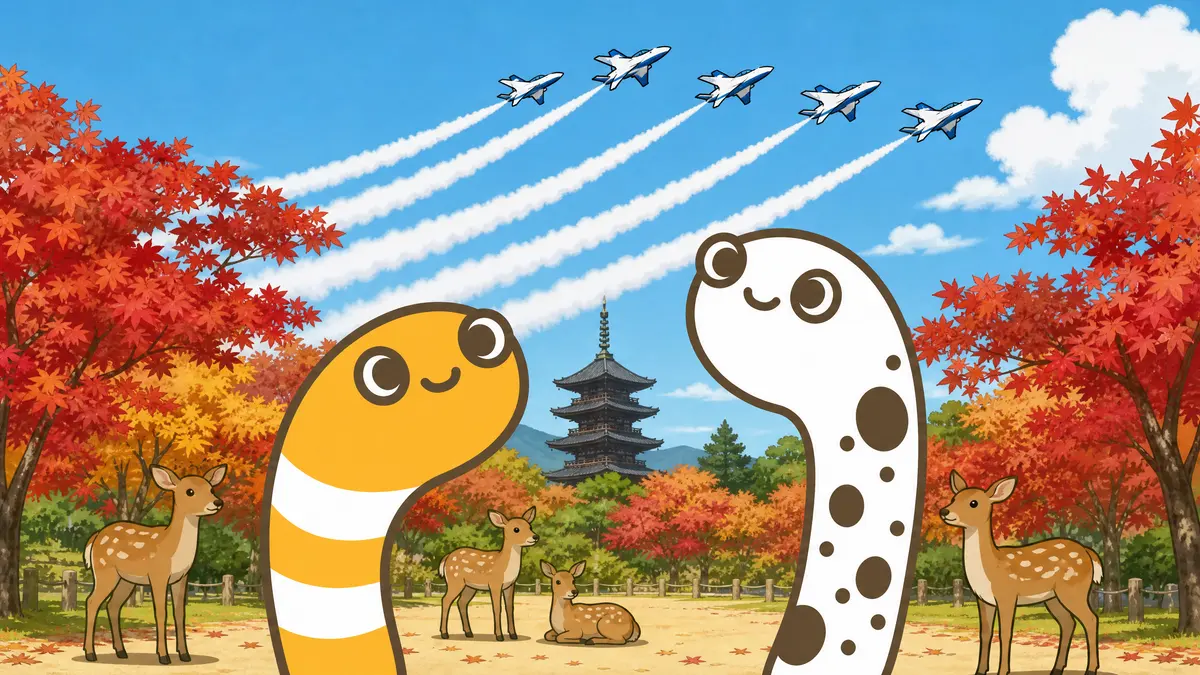 鹿と紅葉と五重塔のある公園で、空の編隊を見上げるちんあなごの2匹(イメージ)