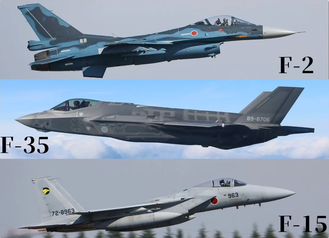 入間基地のXに載った F-2、F-35、F-15 の写真(上からF-2・F-35・F-15)