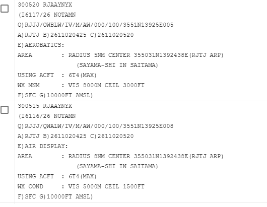 入間基地のNOTAM I6117/26とI6116/26の原文。B項C項は2611020425と2611020520(UTC)、入間基地の基準点から半径5海里(I6117・AEROBATICS)と8海里(I6116・AIR DISPLAY)、使用機 6T4(MAX)、高度は地表〜10000フィート。