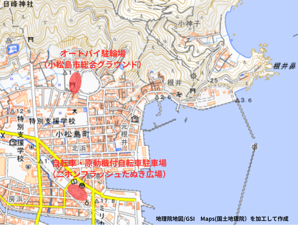 小松島港まつり2026 オートバイ駐輪場と自転車・原動機付自転車駐輪場の位置図