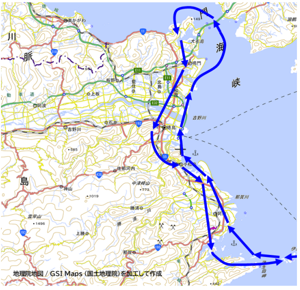 小松島市と徳島県東南部沿岸地域のブルーインパルス飛行経路図